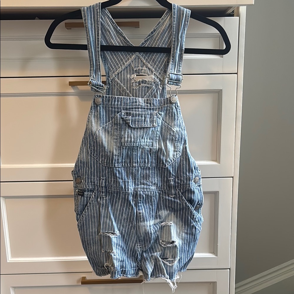 Vintage Route 66 Blue Striped Denim Overalls